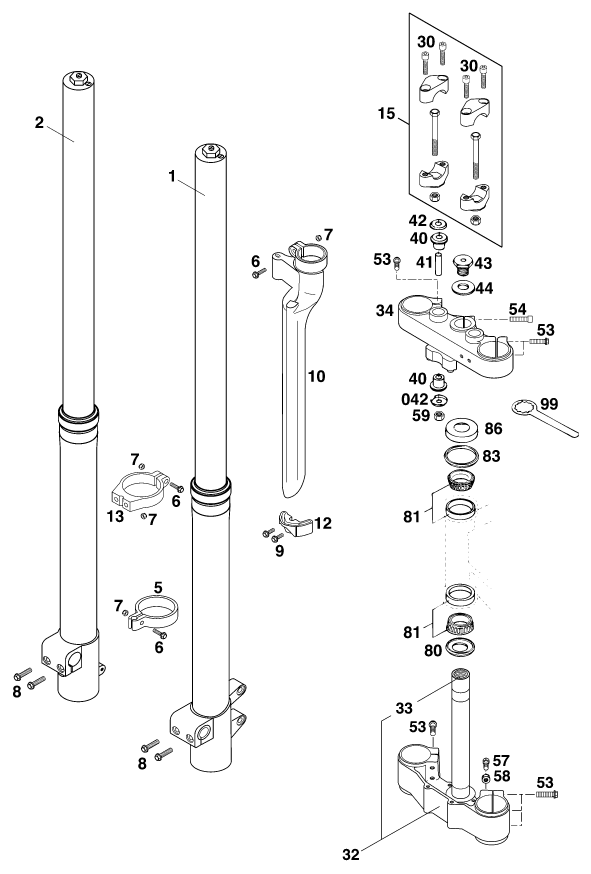 Sprängskiss: Front Fork, Triple Clamp – KTM 620 EGS-E ADVENTURE