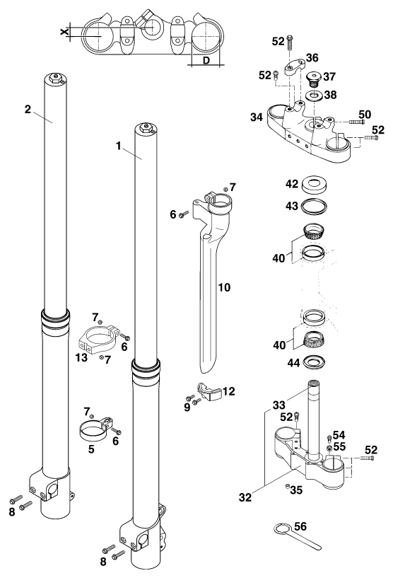 Sprängskiss: Front Fork, Triple Clamp – KTM 620 SUP-COMP WP