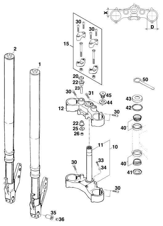 Sprängskiss: Front Fork, Triple Clamp – KTM 620 DUKE-E 37KW