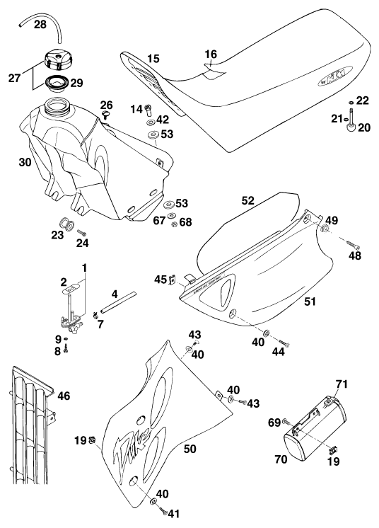 Sprängskiss: Tank, Seat – KTM 620 DUKE-E 37KW