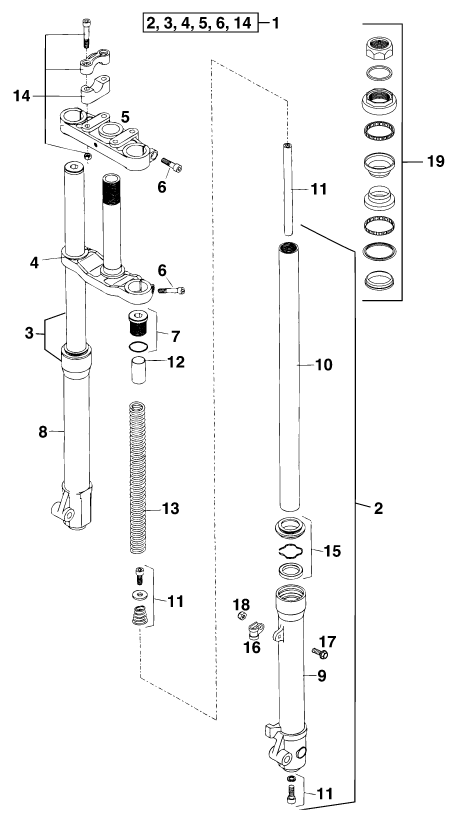 Sprängskiss: Front Fork, Triple Clamp – KTM 50 MINI ADVENTURE 2001