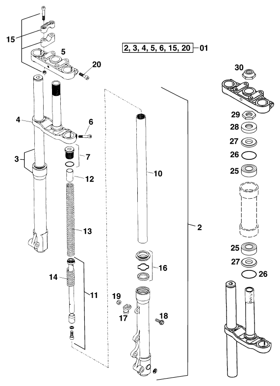 Sprängskiss: Front Fork, Triple Clamp – KTM 60 SX