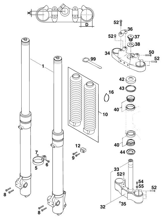 Sprängskiss: Front Fork, Triple Clamp – KTM 200 EXC '99