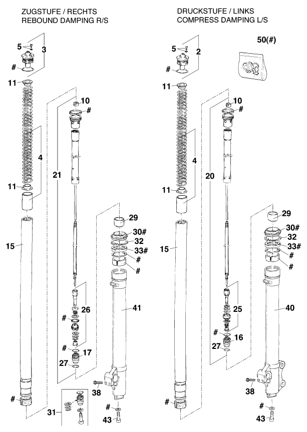 Sprängskiss: Front Fork Disassembled – KTM 200 MXC '98