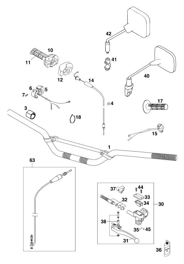 Sprängskiss: Handlebar, Controls – KTM 200 MXC '98