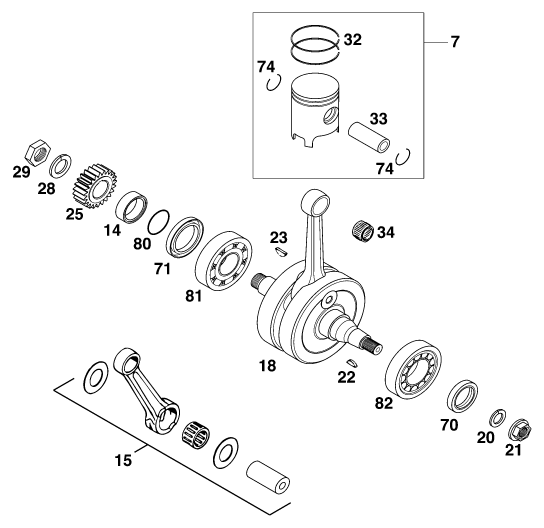 Sprängskiss: Crankshaft, Piston – KTM 125 SX '99