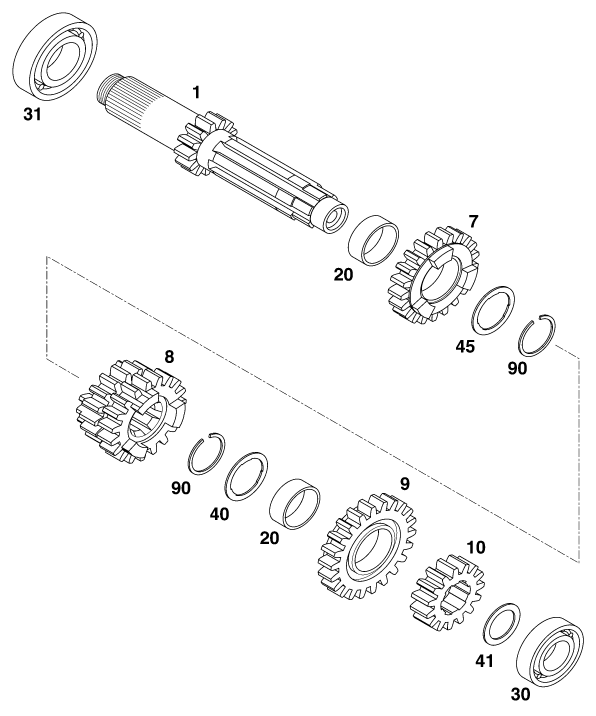 Sprängskiss: Transmission I - Main Shaft – KTM 200 MXC '98