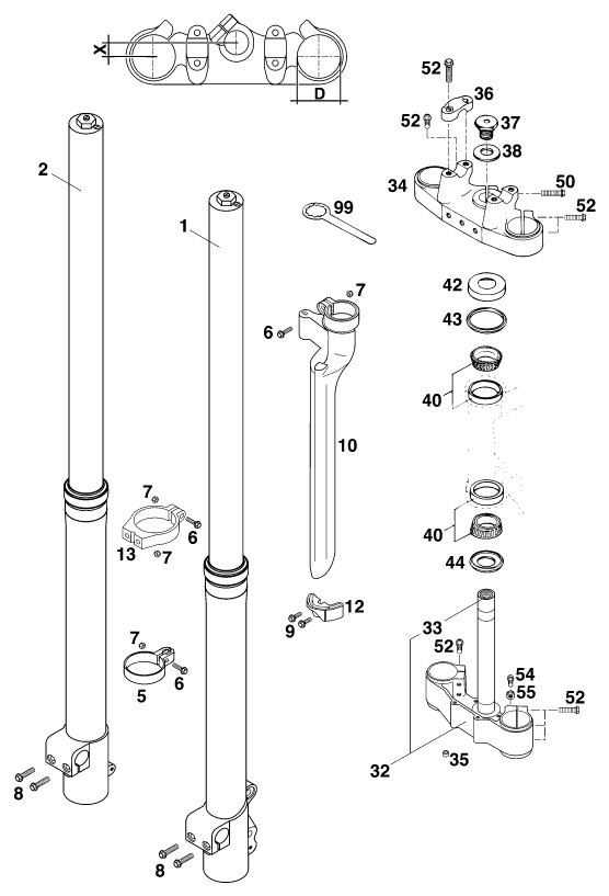 Sprängskiss: Front Fork, Triple Clamp – KTM 380 EXC