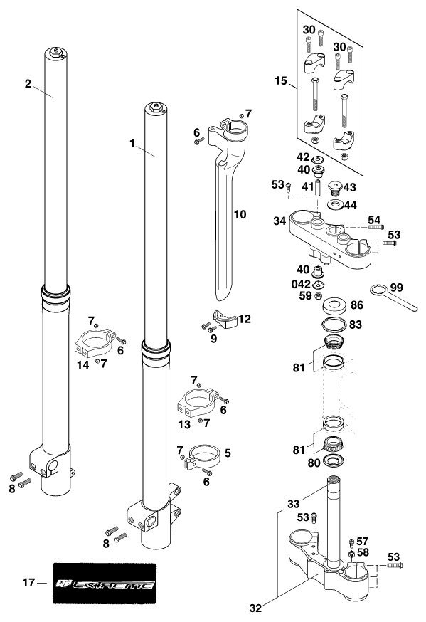 Sprängskiss: Front Fork, Triple Clamp – KTM 640 ADVENTURE-R D