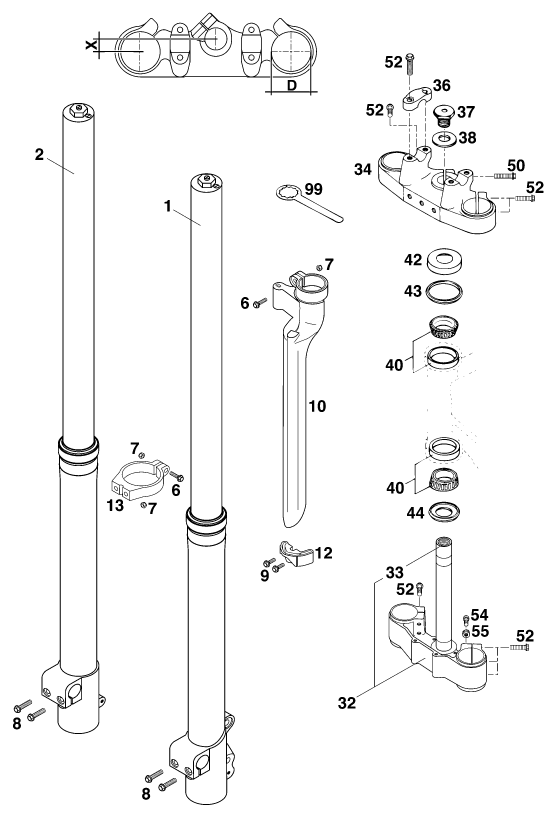 Sprängskiss: Front Fork, Triple Clamp – KTM 540 SXC