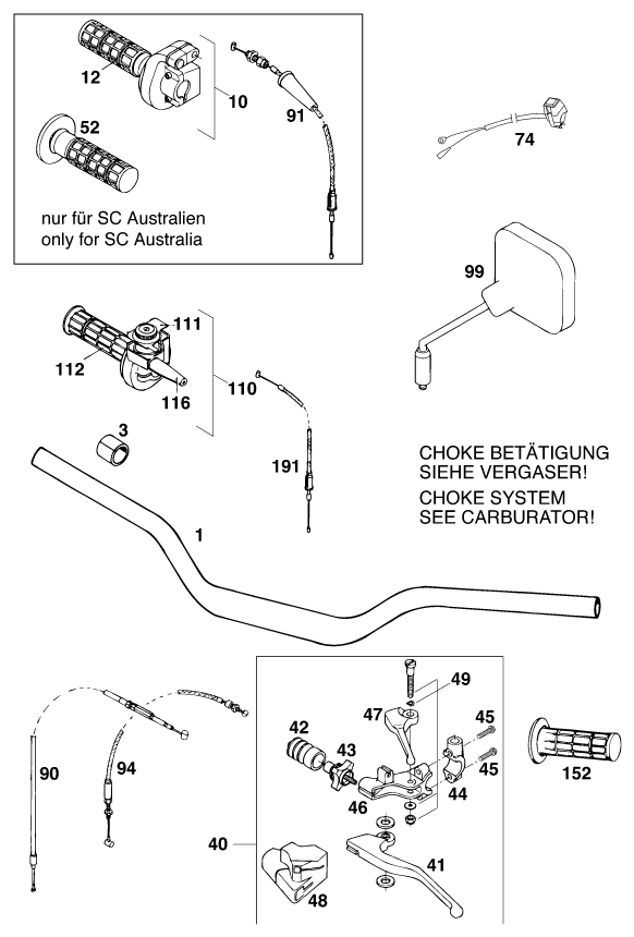 Sprängskiss: Handlebar, Controls – KTM 400 SX '98