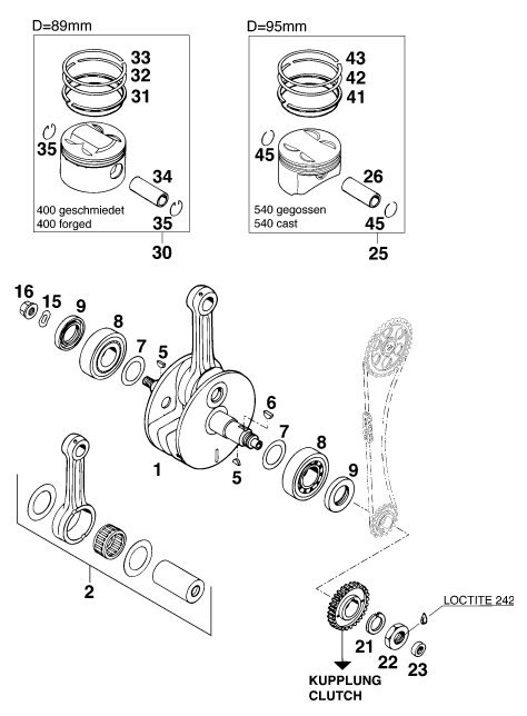 Sprängskiss: Crankshaft, Piston – KTM 400 SX '98