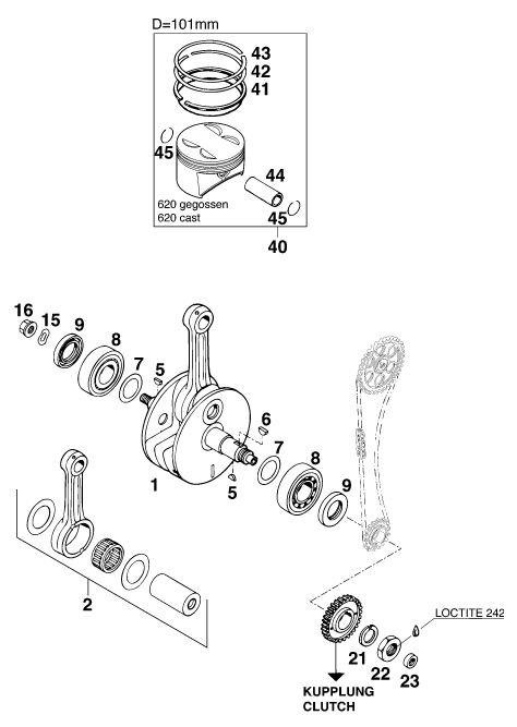 Sprängskiss: Crankshaft, Piston – KTM 620 LC-4 Competition