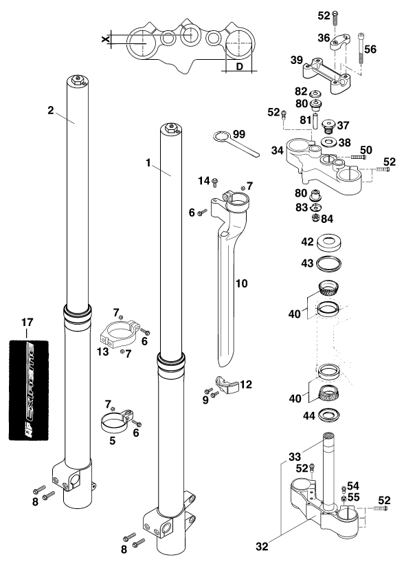 Sprängskiss: Front Fork, Triple Clamp – KTM 400 LC 4 '98