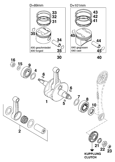 Sprängskiss: Crankshaft, Piston – KTM 640 LC 4 '98