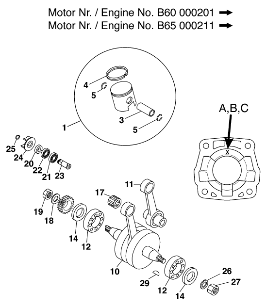 Sprängskiss: Crankshaft, Piston – KTM 60 SX 2000