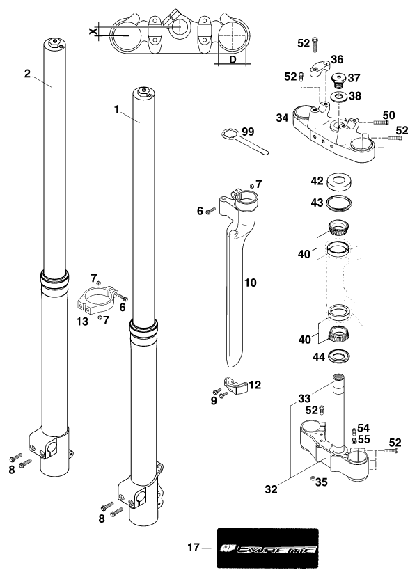 Sprängskiss: Front Fork, Triple Clamp – KTM 125 SX '99