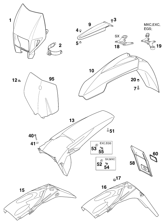 Sprängskiss: Mask, Fenders – KTM 125 SX '99