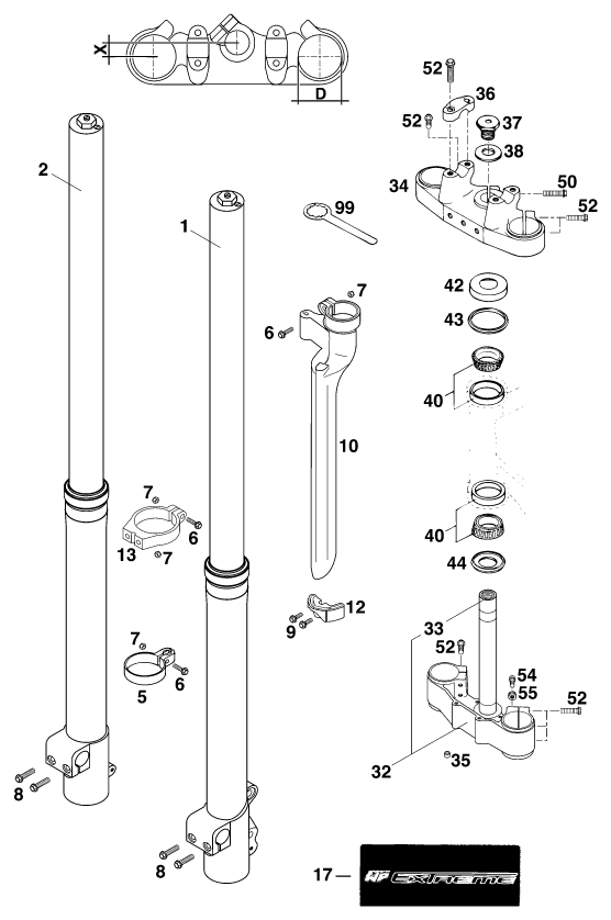 Sprängskiss: Front Fork, Triple Clamp – KTM 300 EGS 10KW '99