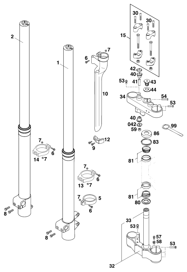 Sprängskiss: Front Fork, Triple Clamp – KTM 640 ADVENTURE-R 2000