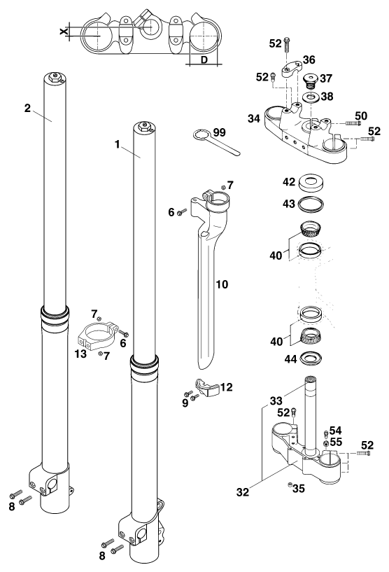 Sprängskiss: Front Fork, Triple Clamp – KTM 540 SXC 20kW