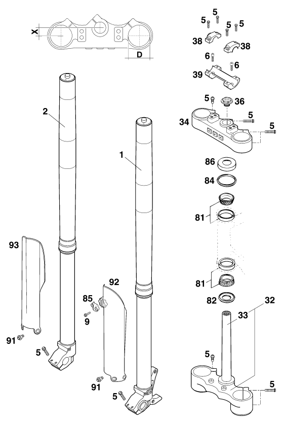 Sprängskiss: Front Fork, Triple Clamp – KTM 380 EXC 2000