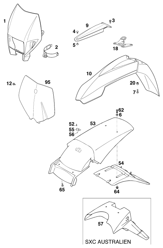Sprängskiss: Mask, Fenders – KTM 540 SXC 20kW