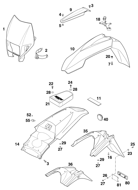 Sprängskiss: Mask, Fenders – KTM 400 SUP-COMP 20kW