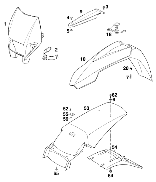 Sprängskiss: Mask, Fenders – KTM 400 SXC 2000