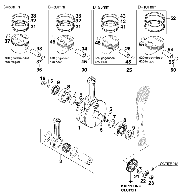 Sprängskiss: Crankshaft, Piston – KTM 400 SX '98