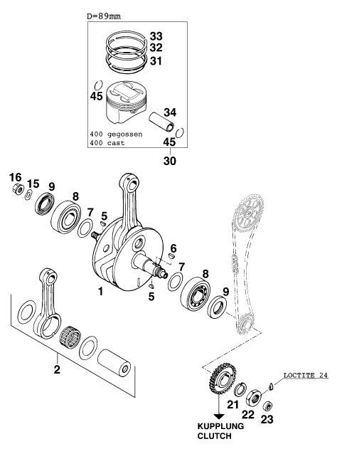 Sprängskiss: Crankshaft, Piston – KTM 400 SX '98