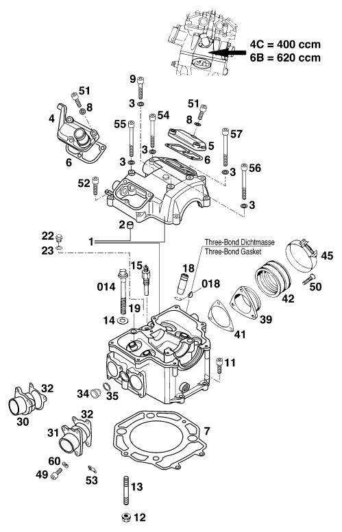 Sprängskiss: Cylinder Head Rear – KTM 620 SUP-COMP 20kW