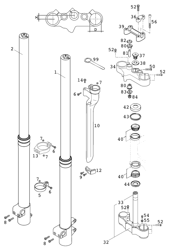 Sprängskiss: Front Fork, Triple Clamp – KTM 400 LC 4 99