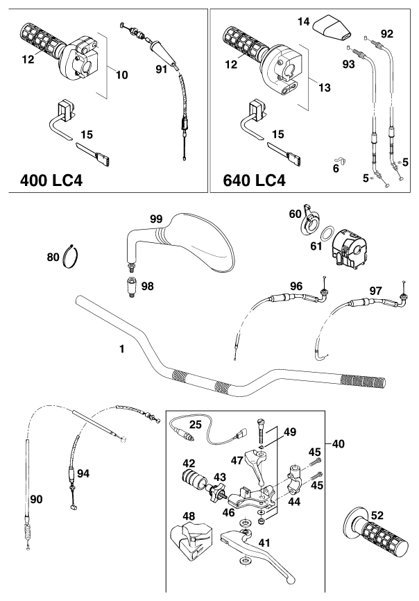Sprängskiss: Handlebar, Controls – KTM 400 LC 4 99