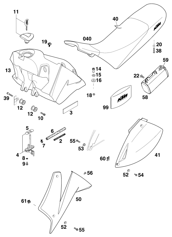 Sprängskiss: Tank, Seat – KTM 400 LC 4 99