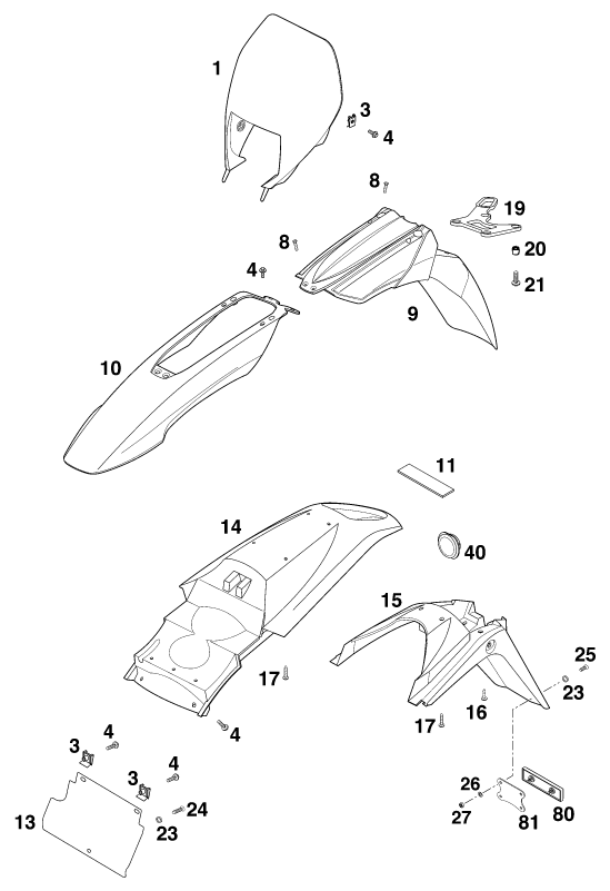 Sprängskiss: Mask, Fenders – KTM 400 LC 4 99