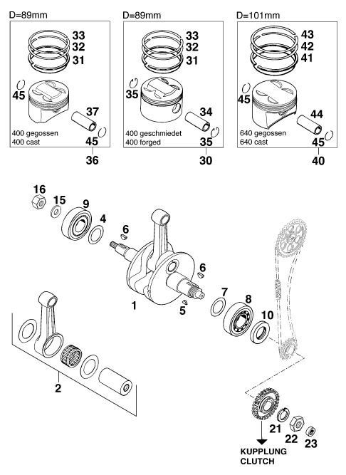 Sprängskiss: Crankshaft, Piston – KTM 640 DUKE II,lime