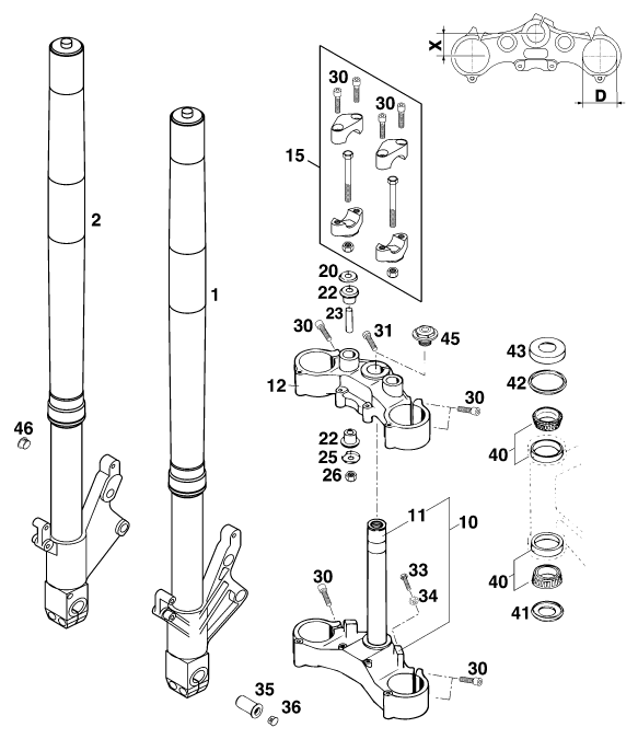 Sprängskiss: Front Fork, Triple Clamp – KTM 640 DUKE II