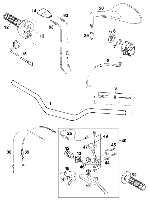 Sprängskiss: Handlebar, Controls – KTM 640 DUKE II