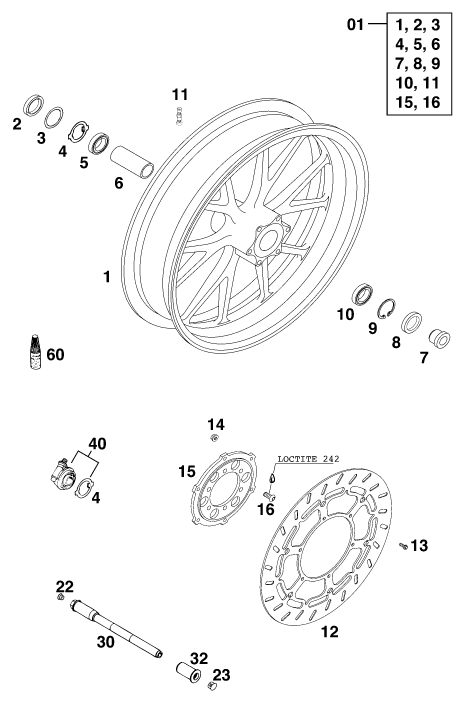 Sprängskiss: Front Wheel – KTM 640 DUKE II LIME 2000